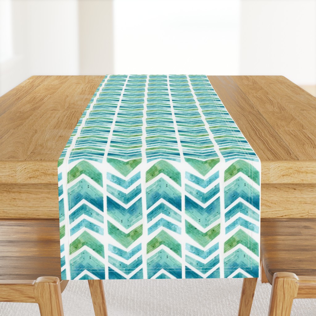 Watercolour Herringbone Geometric Pattern - blue green white - medium-large scale