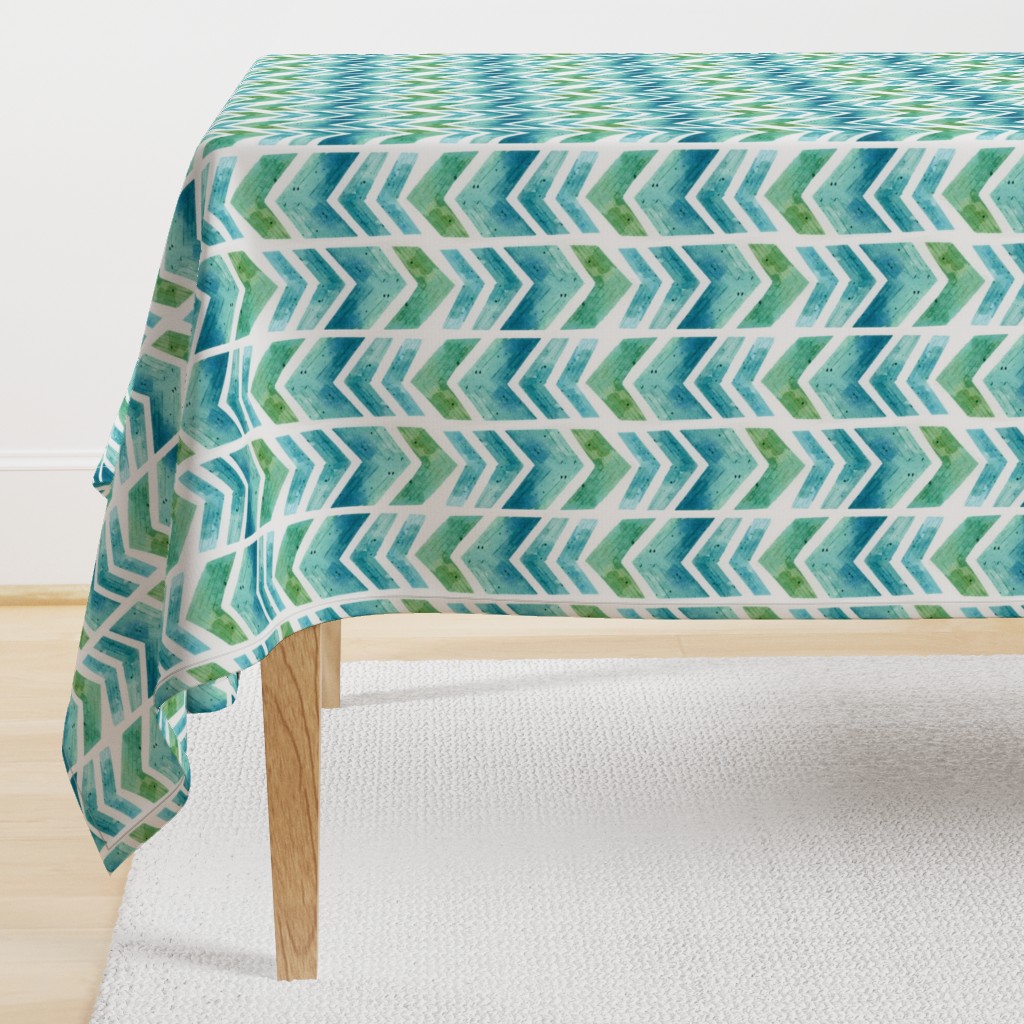 Watercolour Herringbone Geometric Pattern - blue green white - medium-large scale