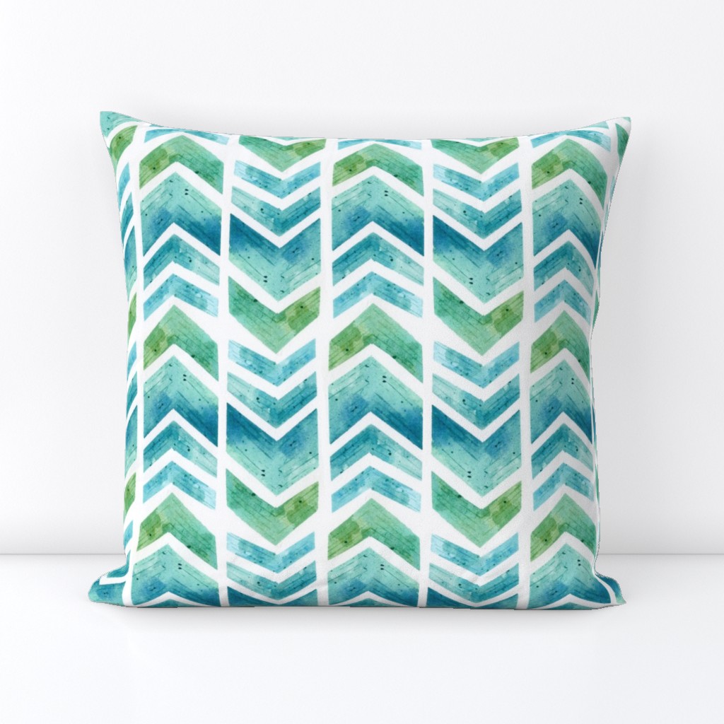 Watercolour Herringbone Geometric Pattern - blue green white - medium-large scale