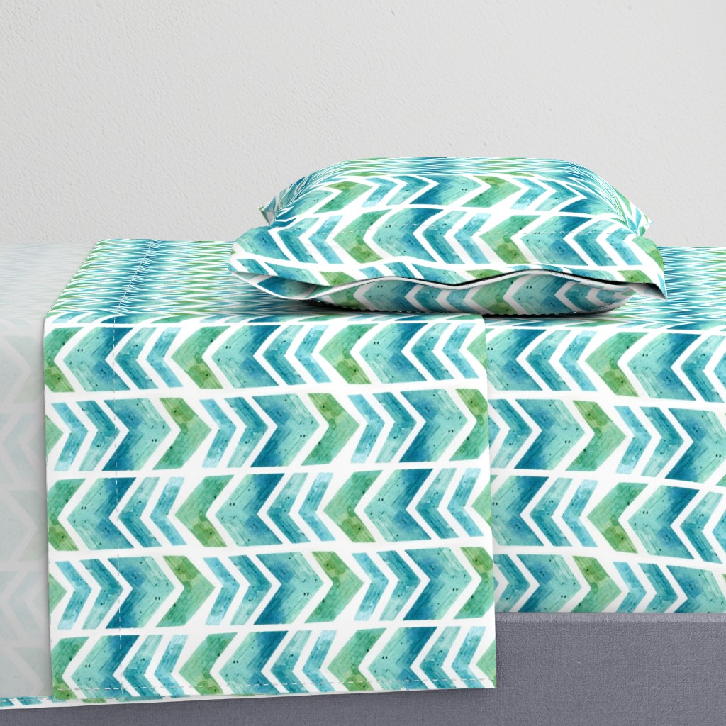 Watercolour Herringbone Geometric Pattern - blue green white - medium-large scale