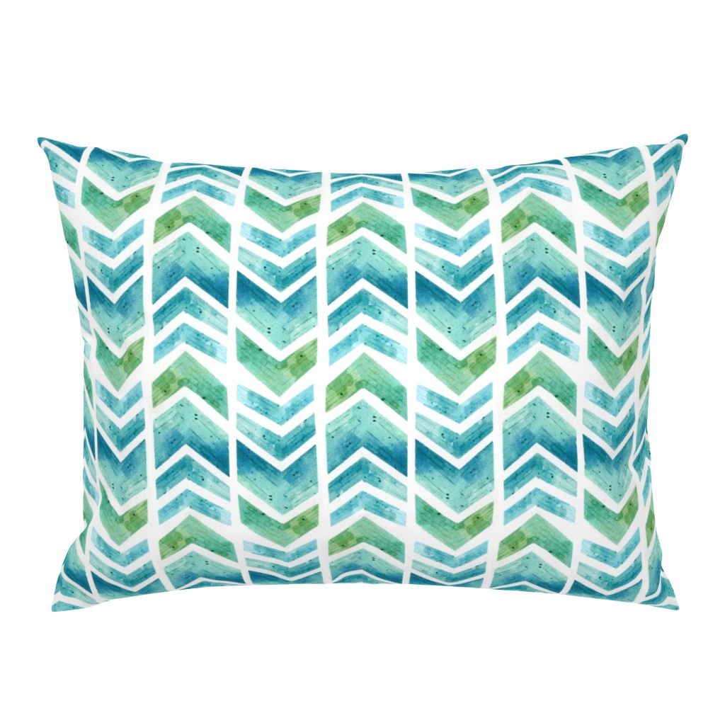 Watercolour Herringbone Geometric Pattern - blue green white - medium-large scale