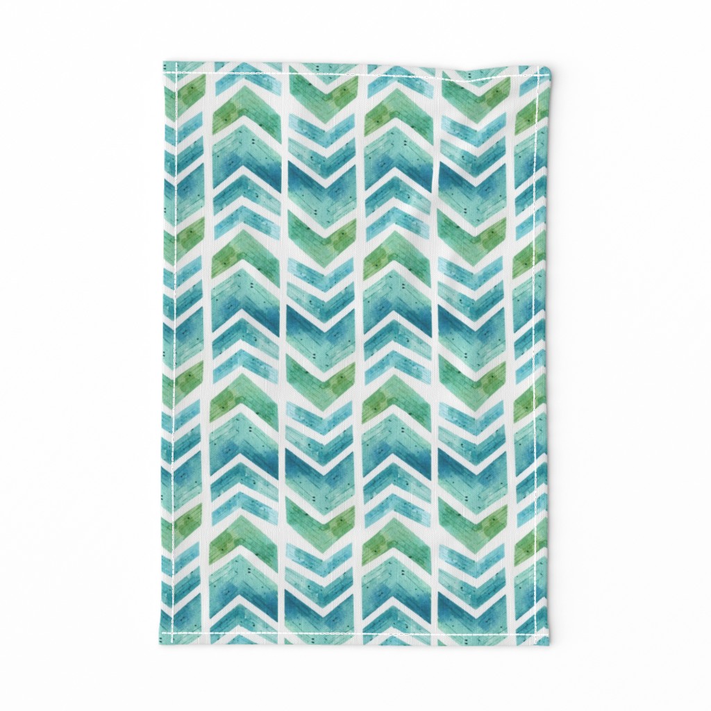 Watercolour Herringbone Geometric Pattern - blue green white - medium-large scale