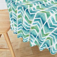 Watercolour Herringbone Geometric Pattern - blue green white - medium-large scale