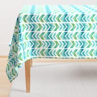 Watercolour Herringbone Geometric Pattern - blue green white - medium-large scale