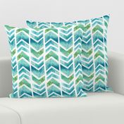 Watercolour Herringbone Geometric Pattern - blue green white - medium-large scale