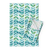 Watercolour Herringbone Geometric Pattern - blue green white - medium-large scale