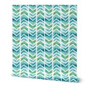 Watercolour Herringbone Geometric Pattern - blue green white - medium-large scale