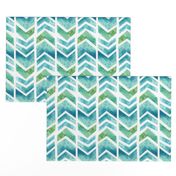 Watercolour Herringbone Geometric Pattern - blue green white - medium-large scale