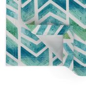 Watercolour Herringbone Geometric Pattern - blue green white - medium-large scale