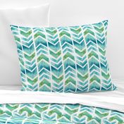 Watercolour Herringbone Geometric Pattern - blue green white - medium-large scale