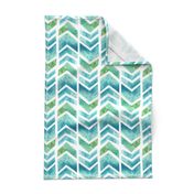 Watercolour Herringbone Geometric Pattern - blue green white - medium-large scale