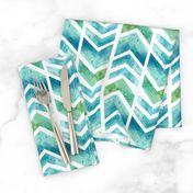 Watercolour Herringbone Geometric Pattern - blue green white - medium-large scale