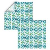 Watercolour Herringbone Geometric Pattern - blue green white - medium-large scale