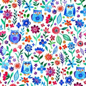 Colorful Tiny Owl Floral on Bright White