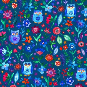 Colorful Tiny Owl Floral on Dark Teal Blue 