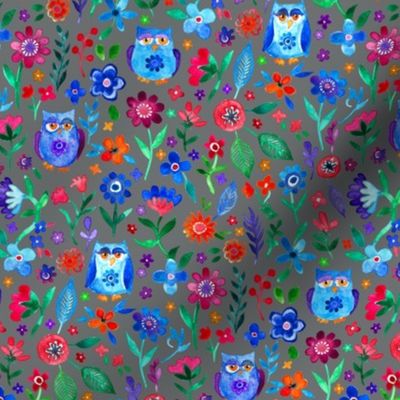 Colorful Tiny Owl Floral on Dark Grey