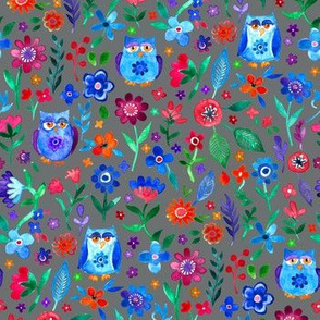 Colorful Tiny Owl Floral on Dark Grey