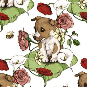 Puppy with flowers and bee on white