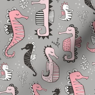 Seahorses Pink on grey