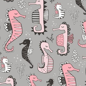 Seahorses Pink on grey