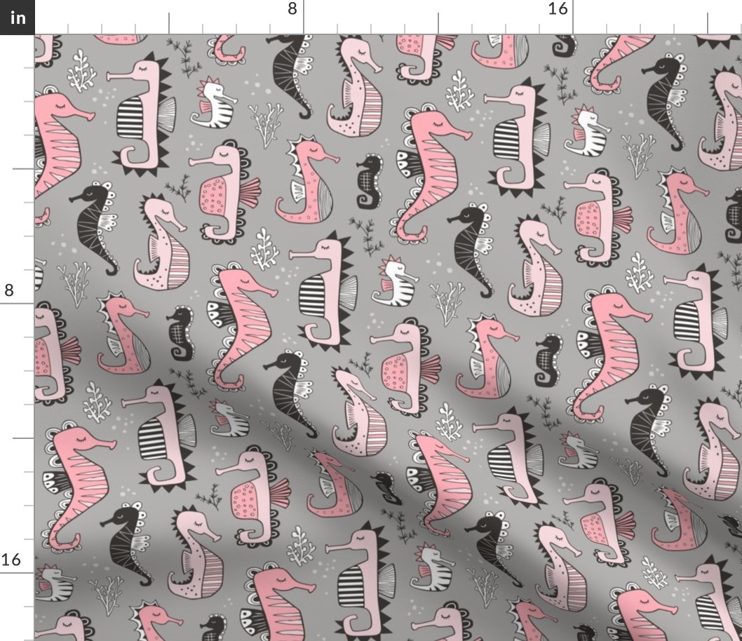 Seahorses Pink on grey