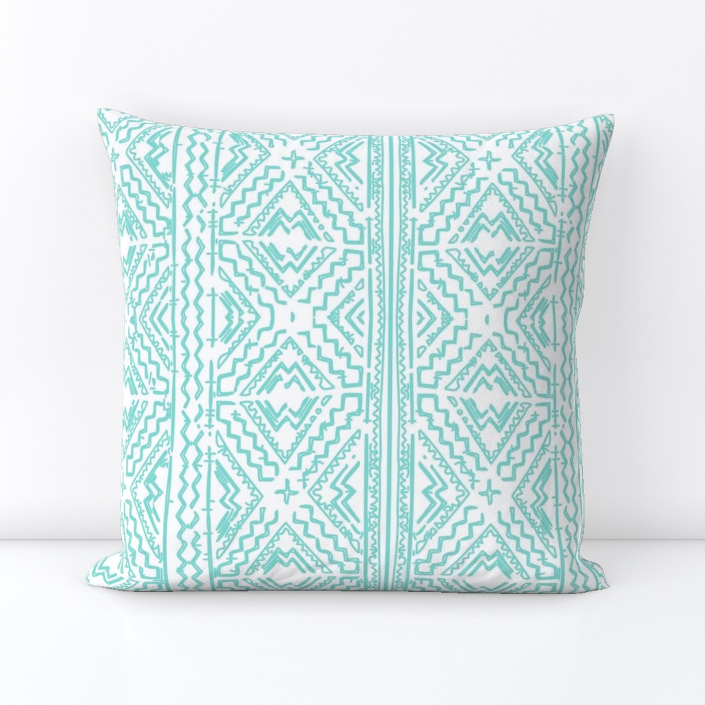 Mud cloth in light turquoise aqua on white