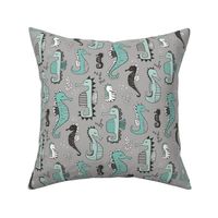 Seahorses Green Mint on grey