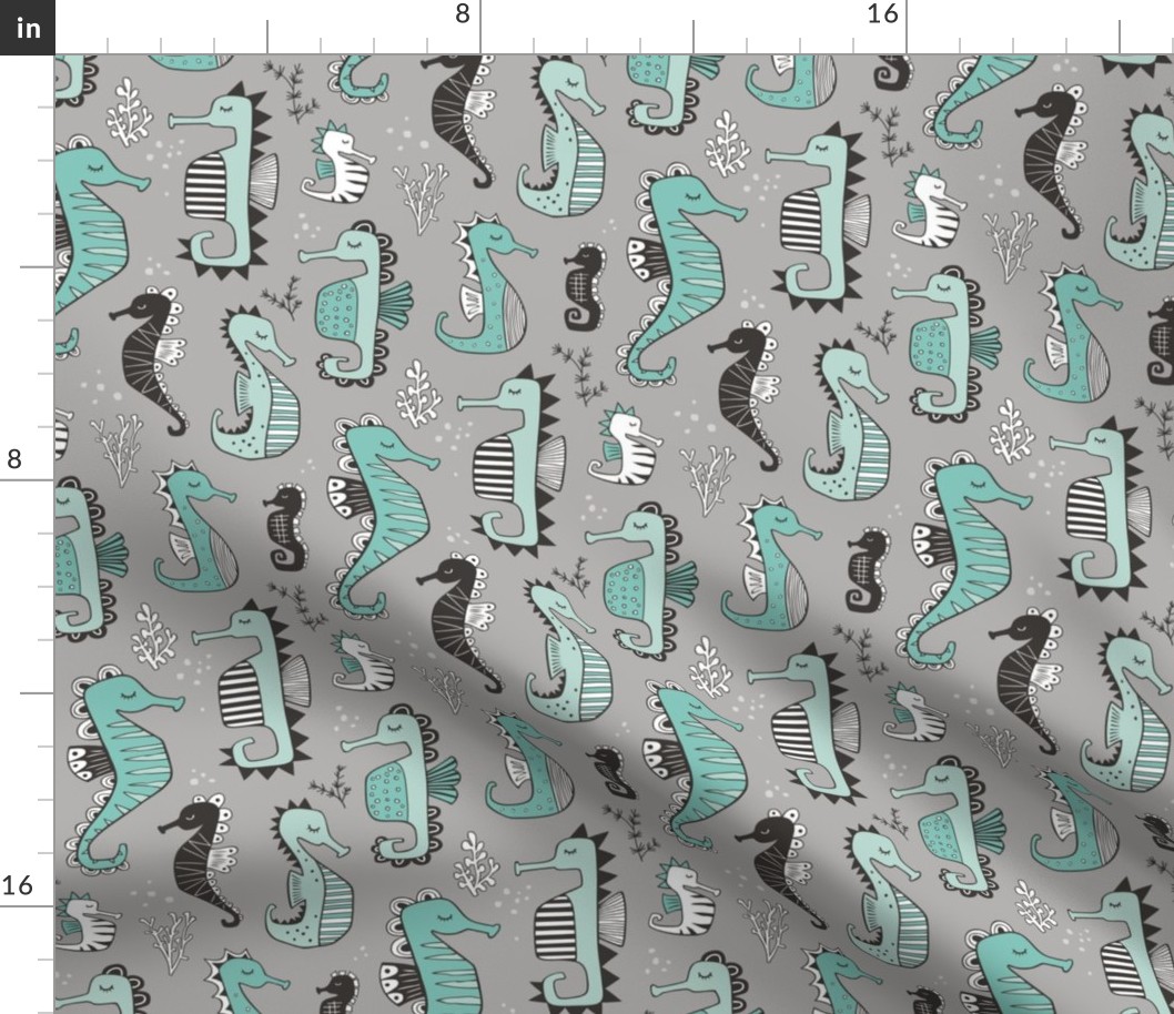 Seahorses Green Mint on grey