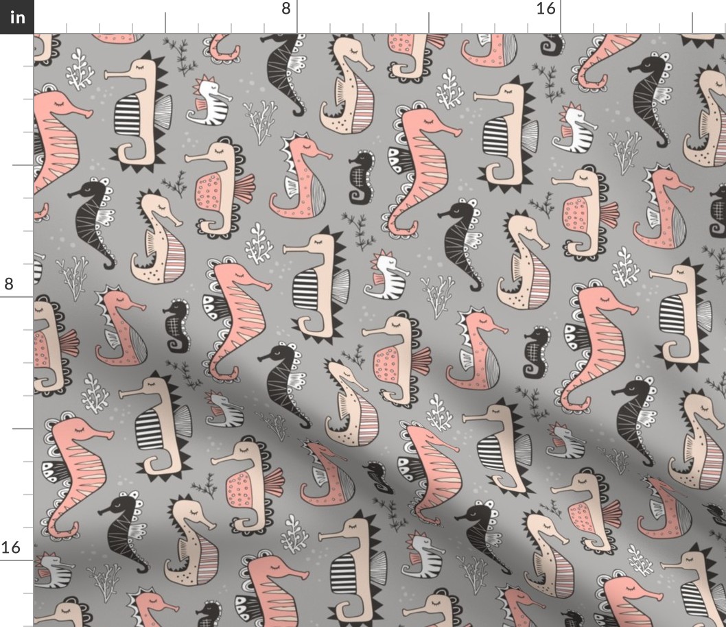 Seahorses peach on Grey