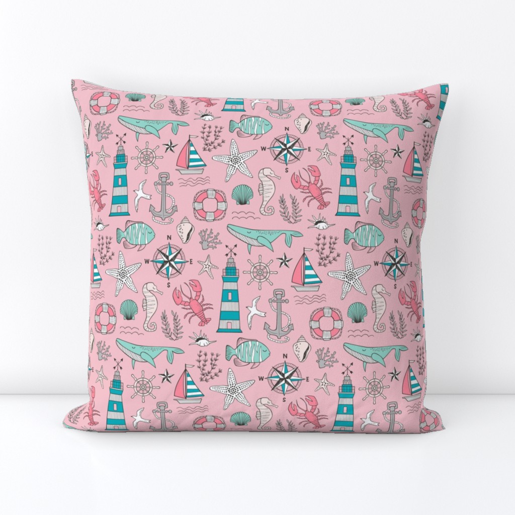 Nautical Doodle with whale,lighthouse,Anchor Mint Aqua Blue on Pink