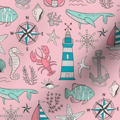 Nautical Doodle with whale,lighthouse,Anchor Mint Aqua Blue on Pink