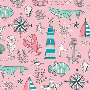 Nautical Doodle with whale,lighthouse,Anchor Mint Aqua Blue on Pink