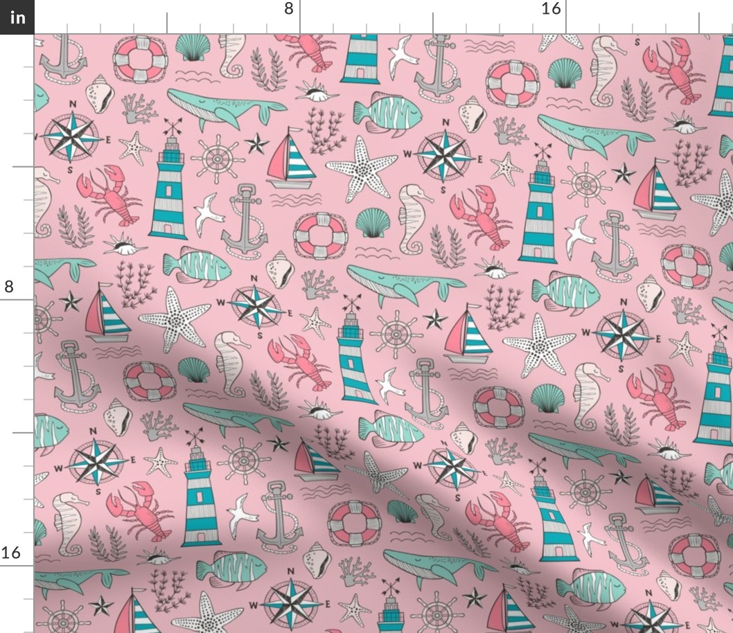 Nautical Doodle with whale,lighthouse,Anchor Mint Aqua Blue on Pink