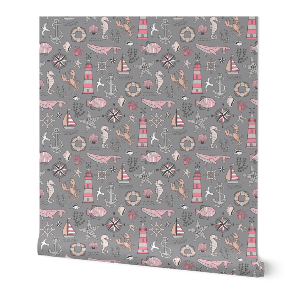 Nautical Doodle with whale,lighthouse,Anchor Pink on Dark Grey