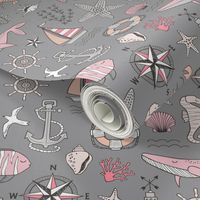 Nautical Doodle with whale,lighthouse,Anchor Pink on Dark Grey