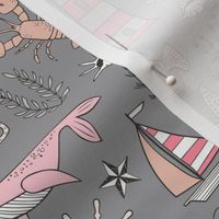 Nautical Doodle with whale,lighthouse,Anchor Pink on Dark Grey