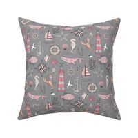 Nautical Doodle with whale,lighthouse,Anchor Pink on Dark Grey