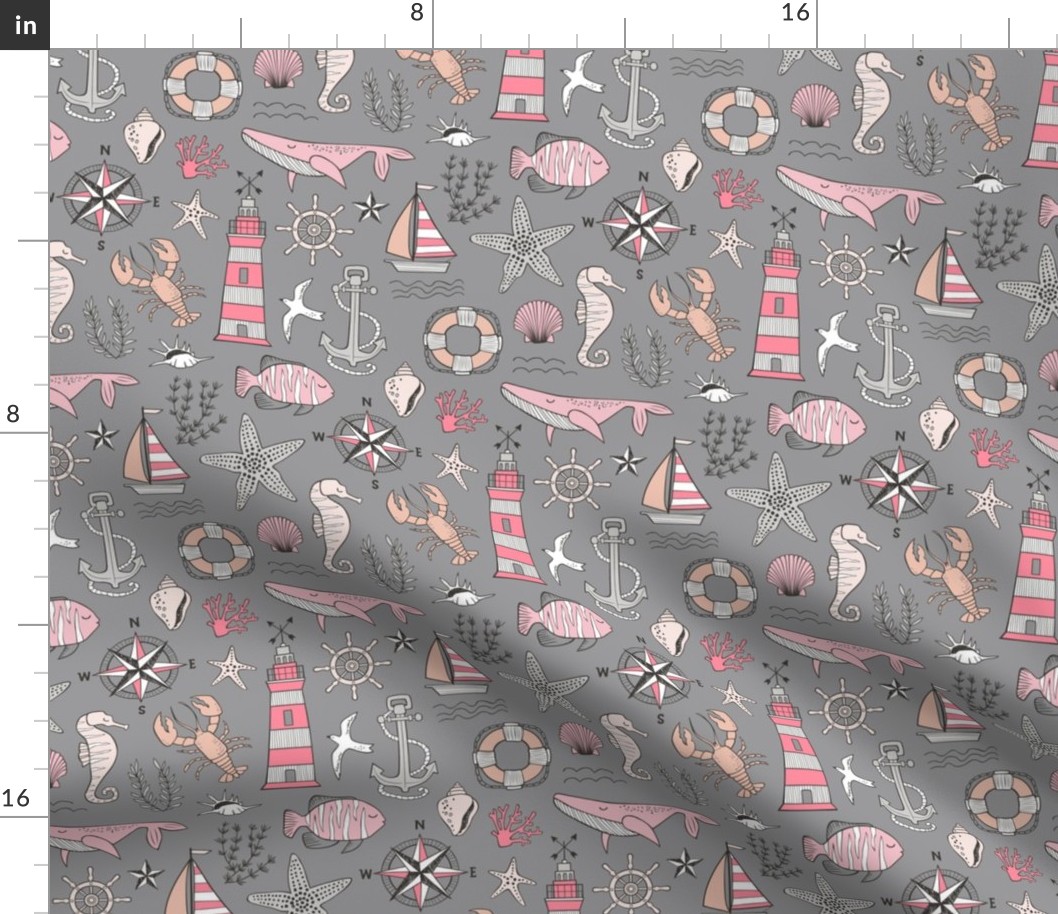 Nautical Doodle with whale,lighthouse,Anchor Pink on Dark Grey