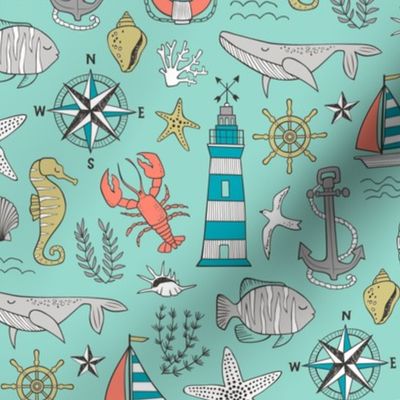 Nautical Doodle with whale,lighthouse,Anchor on Mint