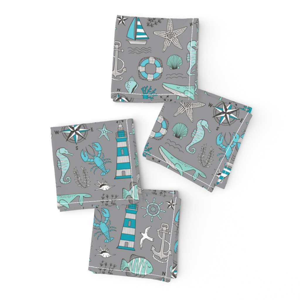 Nautical Doodle with whale,lighthouse,Anchor Mint Aqua Blue on Dark Grey