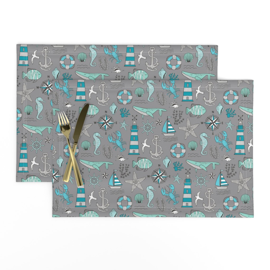 Nautical Doodle with whale,lighthouse,Anchor Mint Aqua Blue on Dark Grey