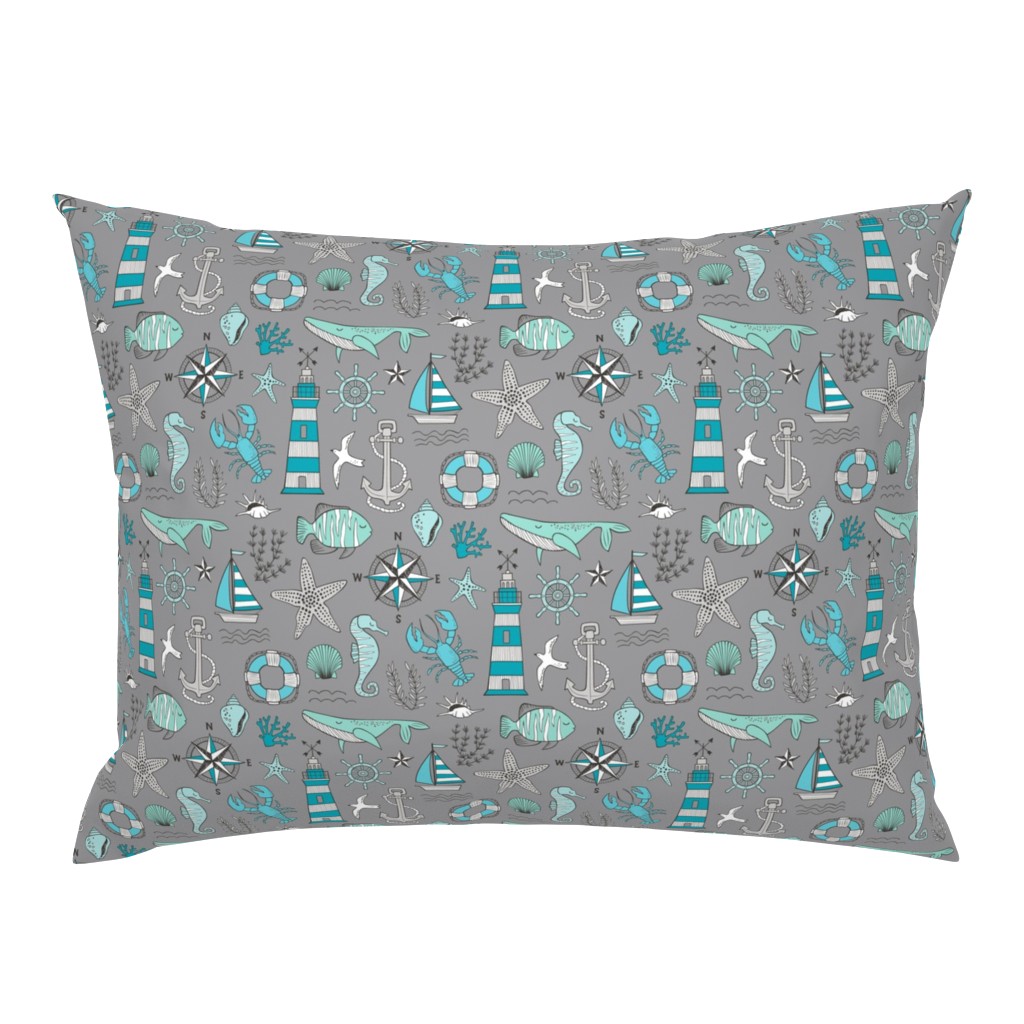 Nautical Doodle with whale,lighthouse,Anchor Mint Aqua Blue on Dark Grey