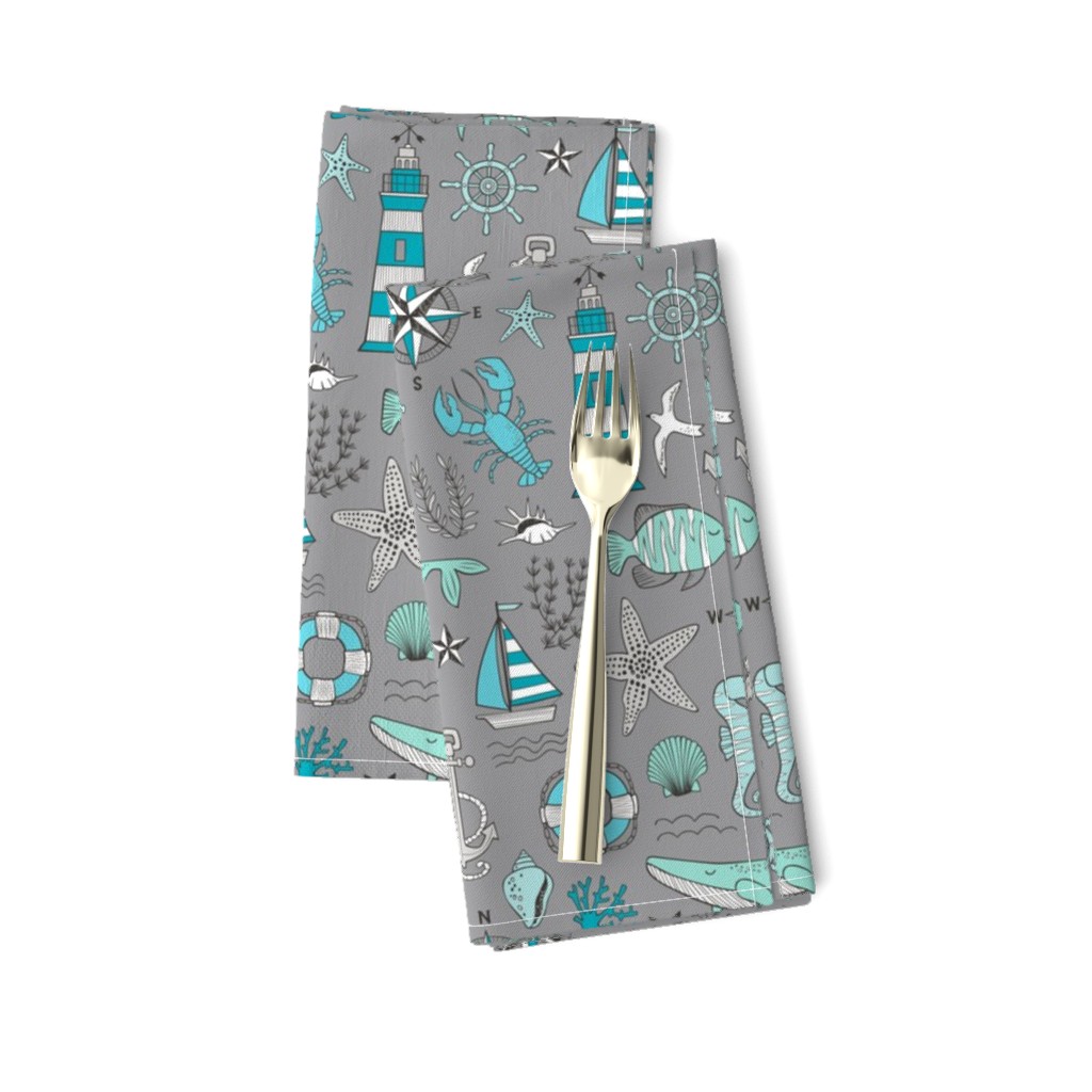 Nautical Doodle with whale,lighthouse,Anchor Mint Aqua Blue on Dark Grey