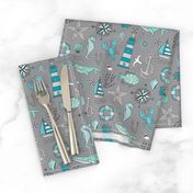 Nautical Doodle with whale,lighthouse,Anchor Mint Aqua Blue on Dark Grey