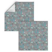 Nautical Doodle with whale,lighthouse,Anchor Mint Aqua Blue on Dark Grey