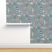 Nautical Doodle with whale,lighthouse,Anchor Mint Aqua Blue on Dark Grey