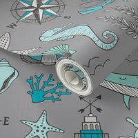 Nautical Doodle with whale,lighthouse,Anchor Mint Aqua Blue on Dark Grey