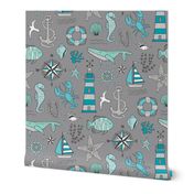 Nautical Doodle with whale,lighthouse,Anchor Mint Aqua Blue on Dark Grey