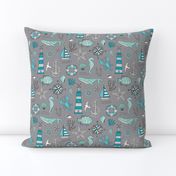 Nautical Doodle with whale,lighthouse,Anchor Mint Aqua Blue on Dark Grey