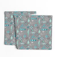 Nautical Doodle with whale,lighthouse,Anchor Mint Aqua Blue on Dark Grey